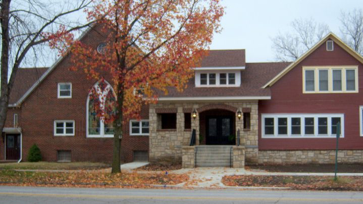 Osawatomie Presbyterian Church, a red brick church with a stone entrance